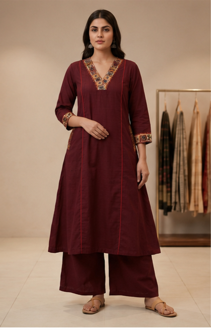 Women's Maroon Printed Cotton Blend Kurta Pant Dupatta Set | 3 Piece Ethnic Suit