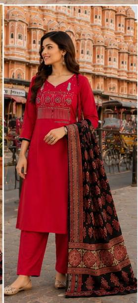 Women's Crimson Red Cotton Kurta Pant Dupatta Set – Elegant Ethnic Collection