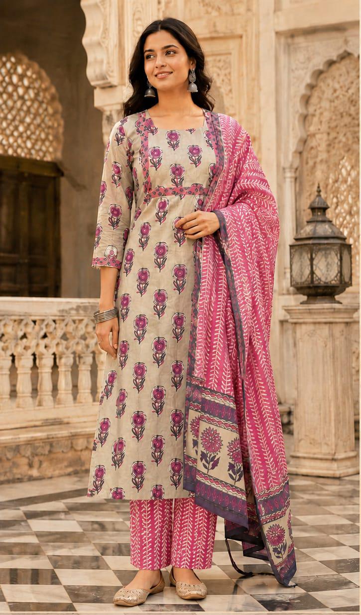 Beige & pink floral printed cotton kurta set with dupptta for women