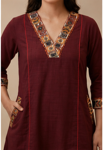 Women's Maroon Printed Cotton Blend Kurta Pant Dupatta Set | 3 Piece Ethnic Suit