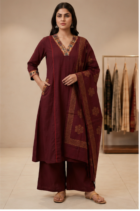 Women's Maroon Printed Cotton Blend Kurta Pant Dupatta Set | 3 Piece Ethnic Suit