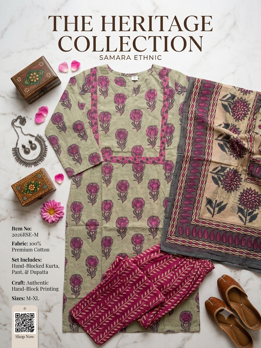 Beige & pink floral printed cotton kurta set with dupptta for women
