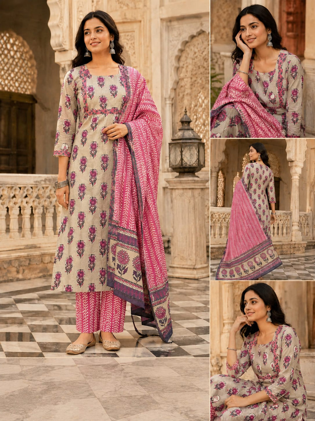 Beige & pink floral printed cotton kurta set with dupptta for women