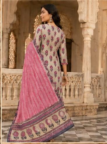Beige & pink floral printed cotton kurta set with dupptta for women