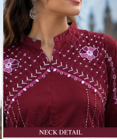 Women's Maroon Embroidered Cotton Kurta Pant Set – Elegant Ethnic Wear